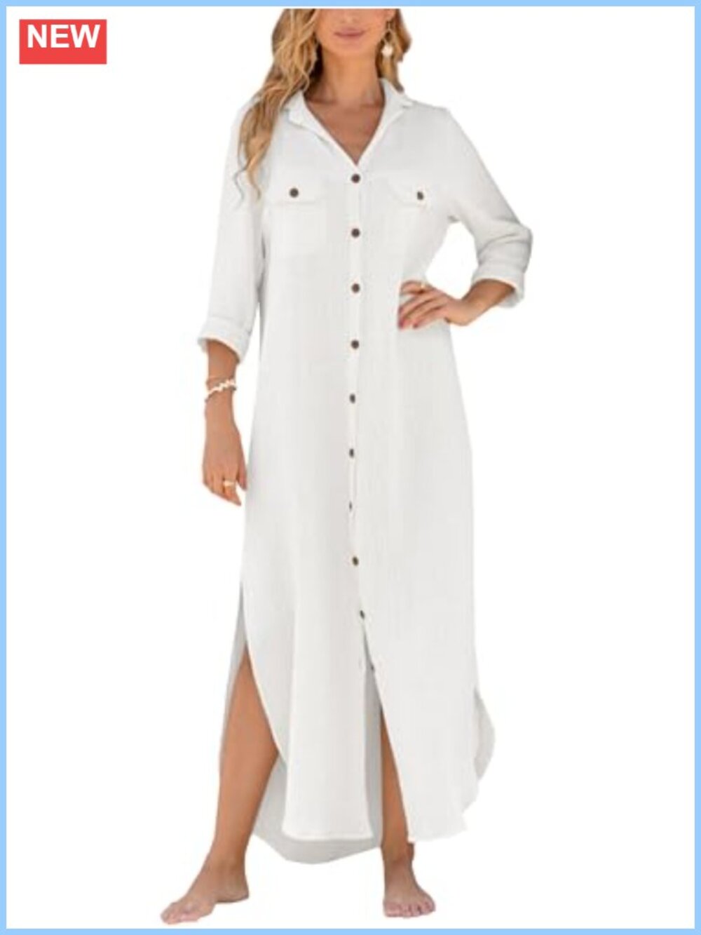 Cotton Button Down Maxi Shirt Dress Cover Up Long Sleeve Beach